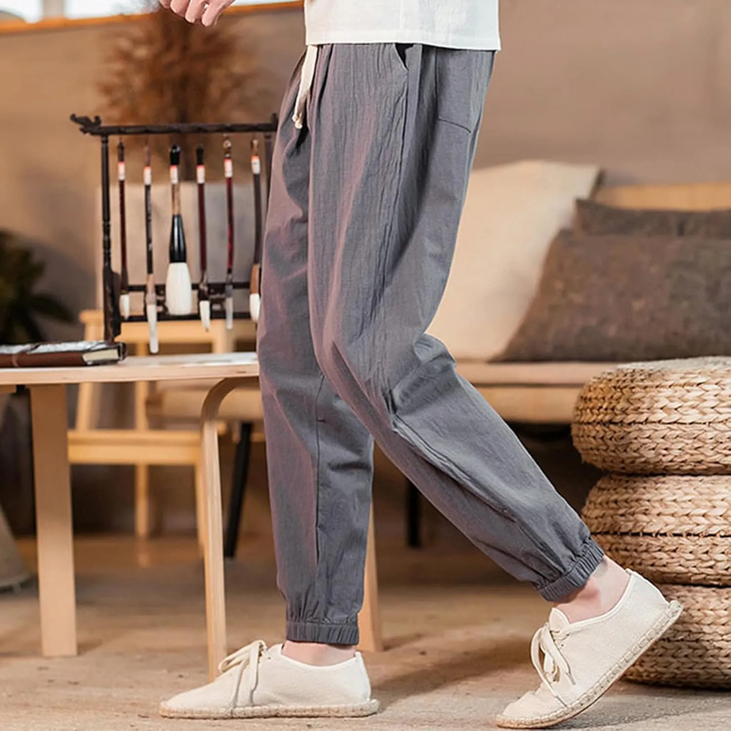 Mens Casual Cotton Linen Pants Loose Fit Elastic Waist Drawstring Beach Summer Yoga Trousers Bound Feet Solid Sweatpants