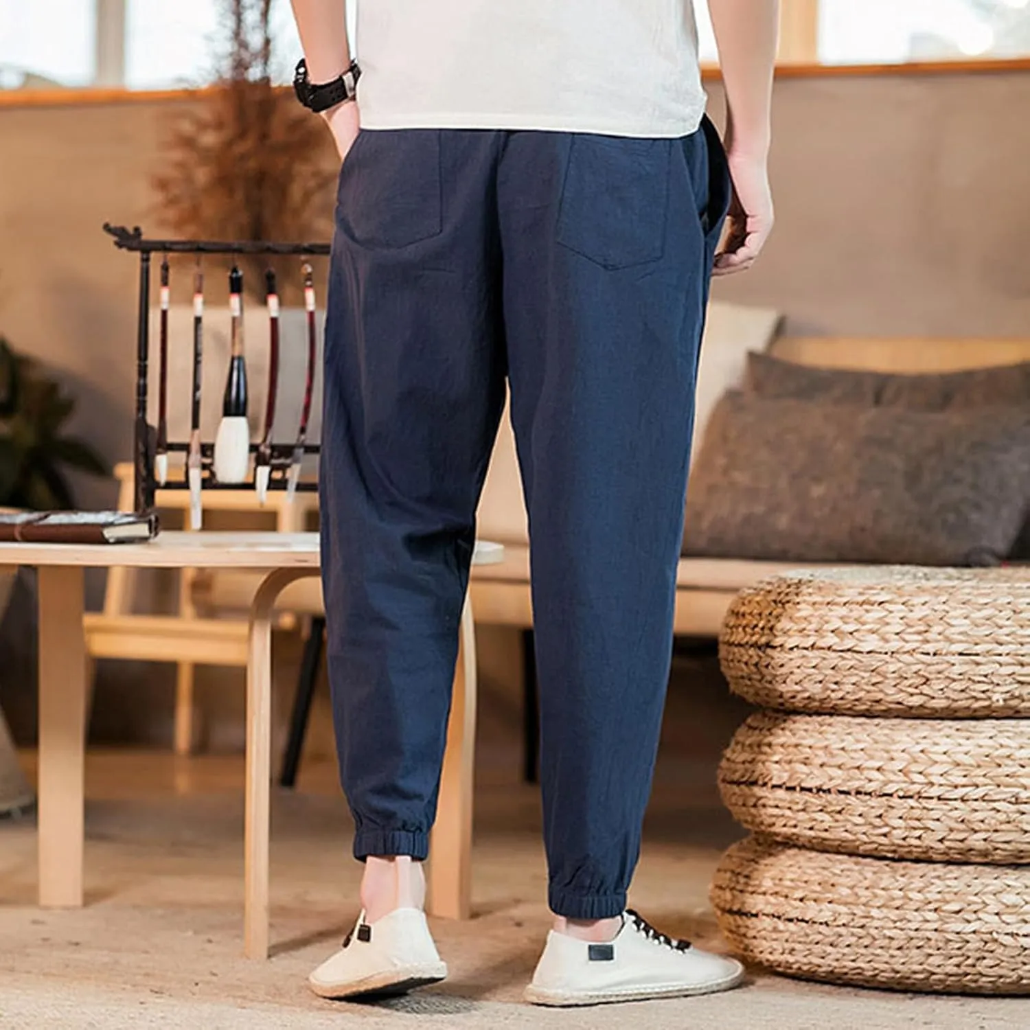 Mens Casual Cotton Linen Pants Loose Fit Elastic Waist Drawstring Beach Summer Yoga Trousers Bound Feet Solid Sweatpants