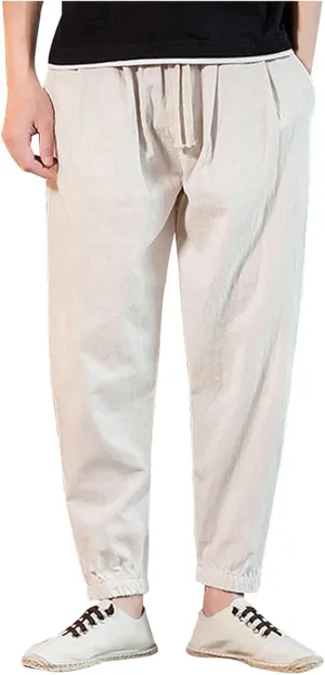 Mens Casual Cotton Linen Pants Loose Fit Elastic Waist Drawstring Beach Summer Yoga Trousers Bound Feet Solid Sweatpants