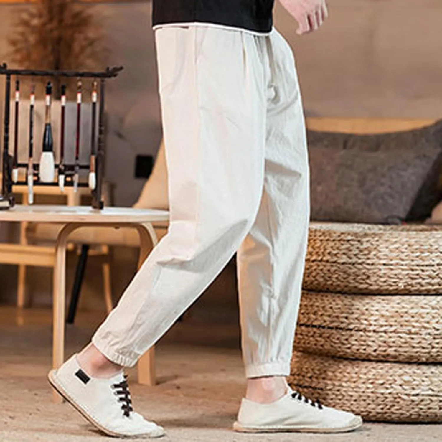 Mens Casual Cotton Linen Pants Loose Fit Elastic Waist Drawstring Beach Summer Yoga Trousers Bound Feet Solid Sweatpants