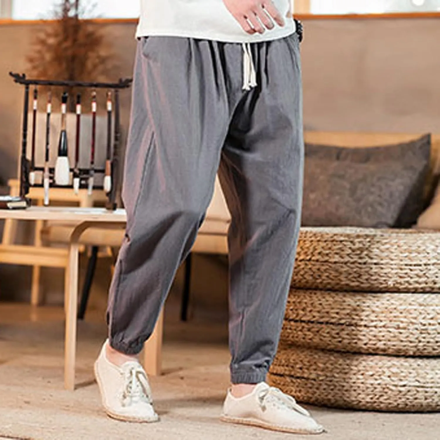 Mens Casual Cotton Linen Pants Loose Fit Elastic Waist Drawstring Beach Summer Yoga Trousers Bound Feet Solid Sweatpants
