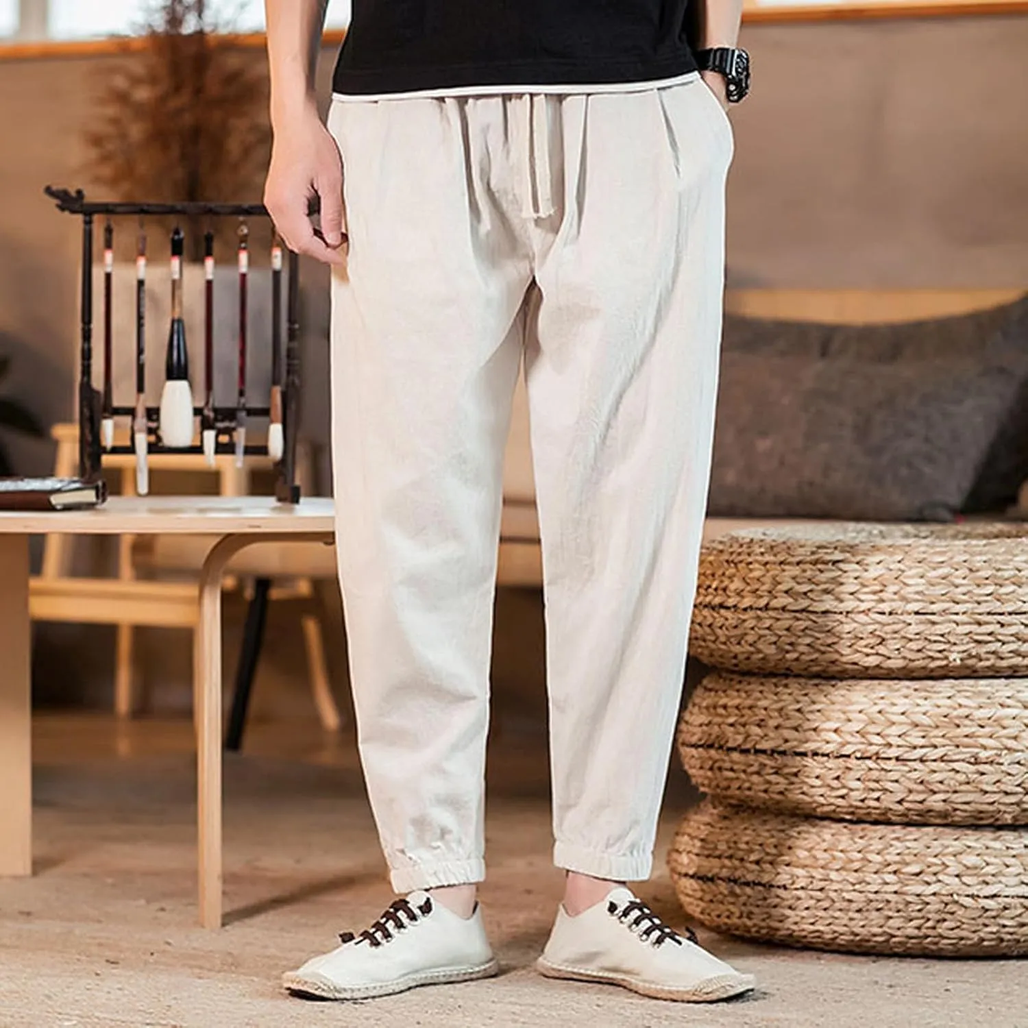 Mens Casual Cotton Linen Pants Loose Fit Elastic Waist Drawstring Beach Summer Yoga Trousers Bound Feet Solid Sweatpants