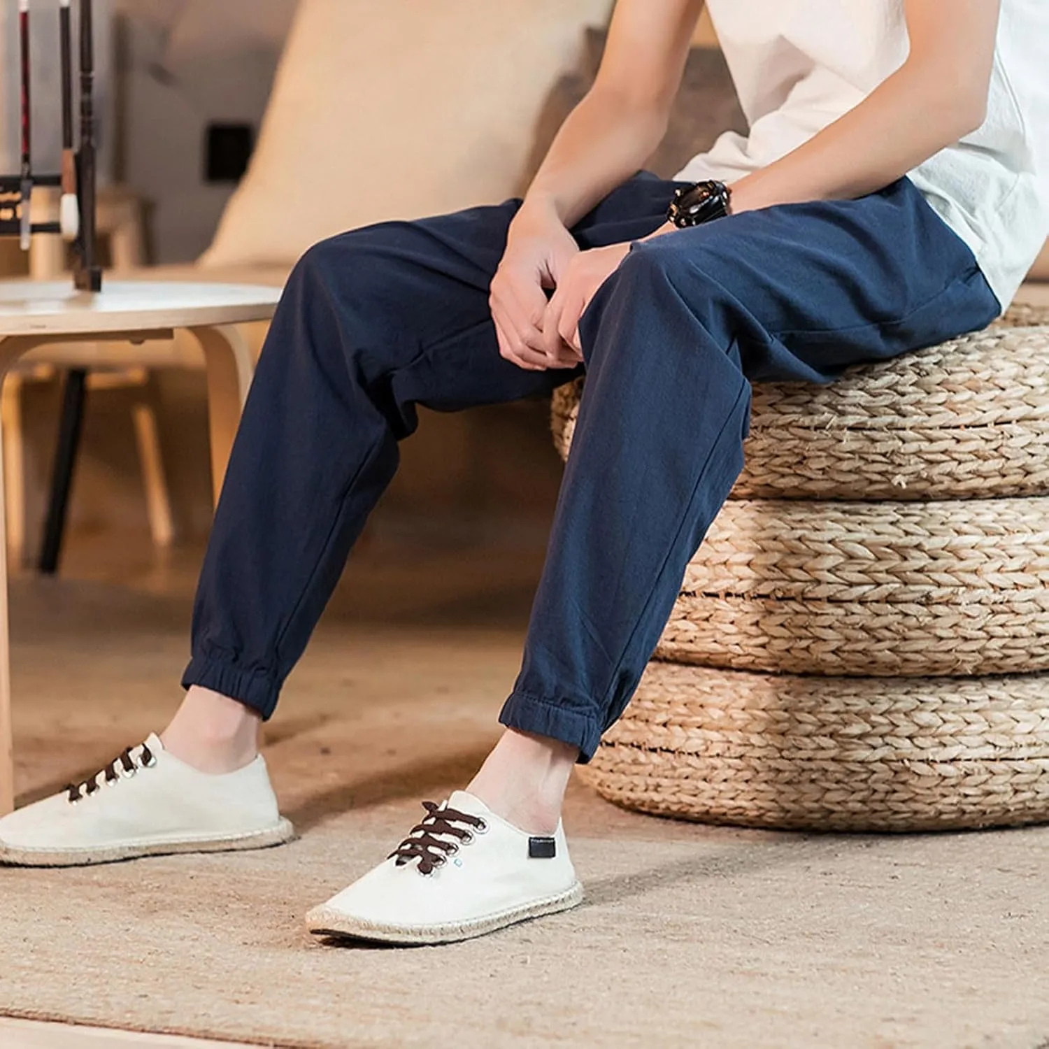 Mens Casual Cotton Linen Pants Loose Fit Elastic Waist Drawstring Beach Summer Yoga Trousers Bound Feet Solid Sweatpants