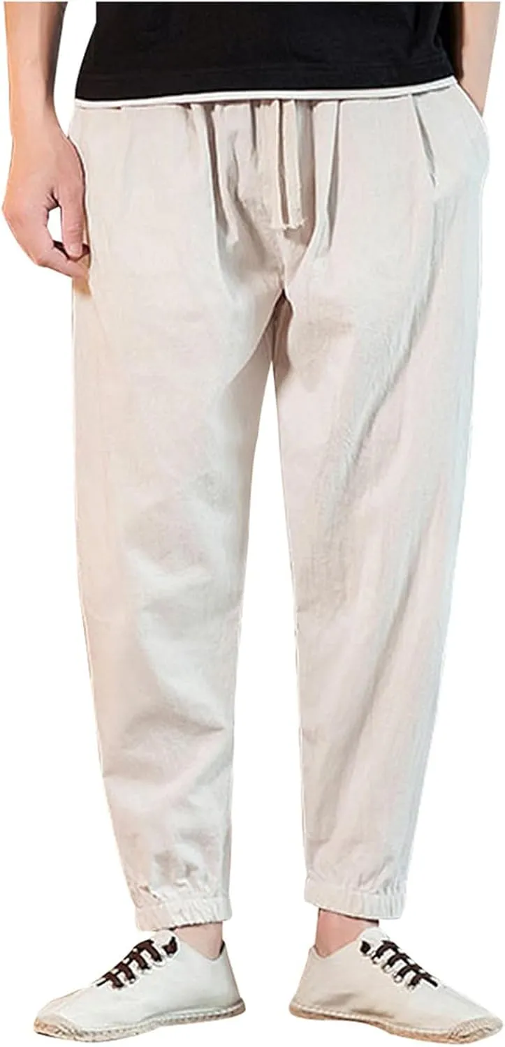 Mens Casual Cotton Linen Pants Loose Fit Elastic Waist Drawstring Beach Summer Yoga Trousers Bound Feet Solid Sweatpants