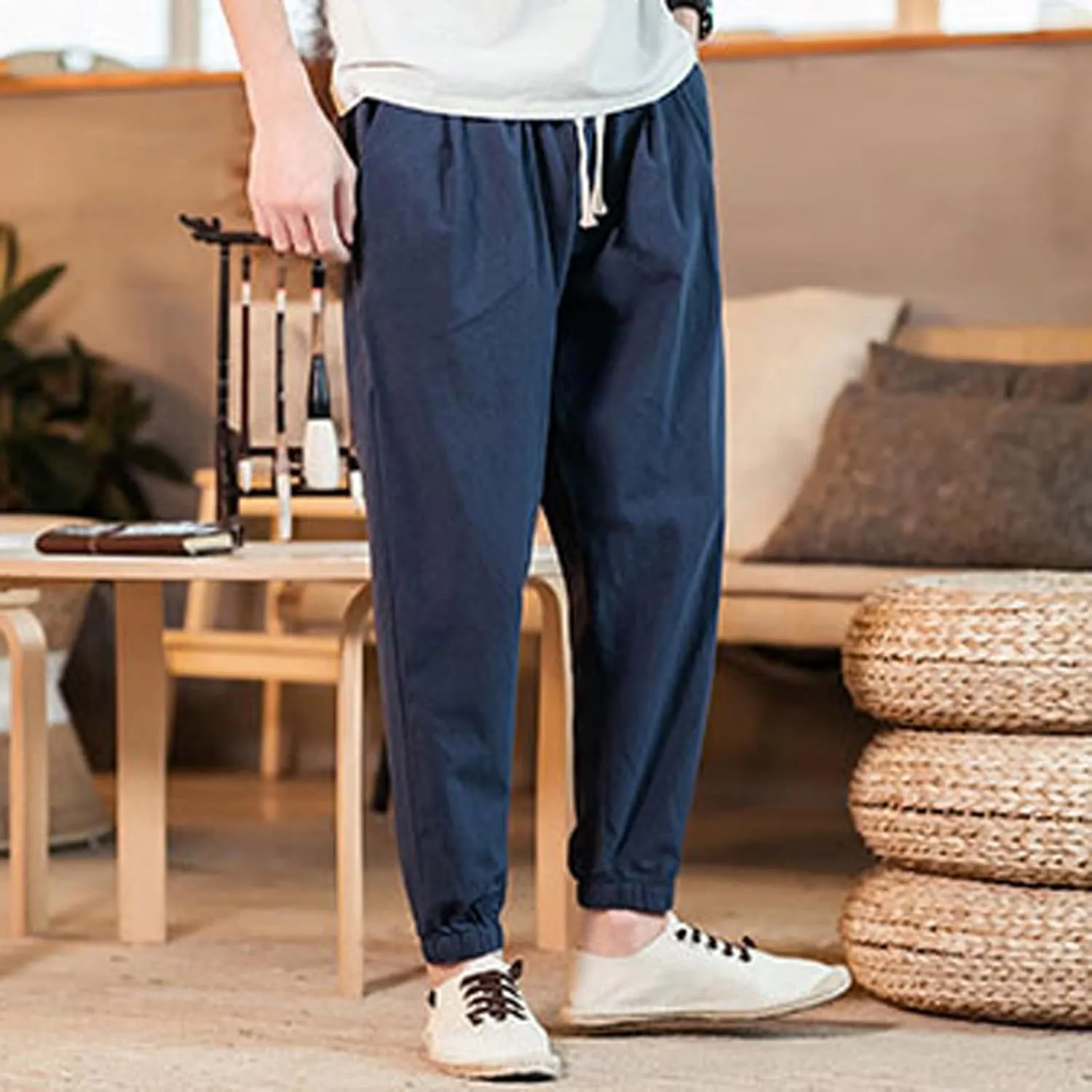 Mens Casual Cotton Linen Pants Loose Fit Elastic Waist Drawstring Beach Summer Yoga Trousers Bound Feet Solid Sweatpants