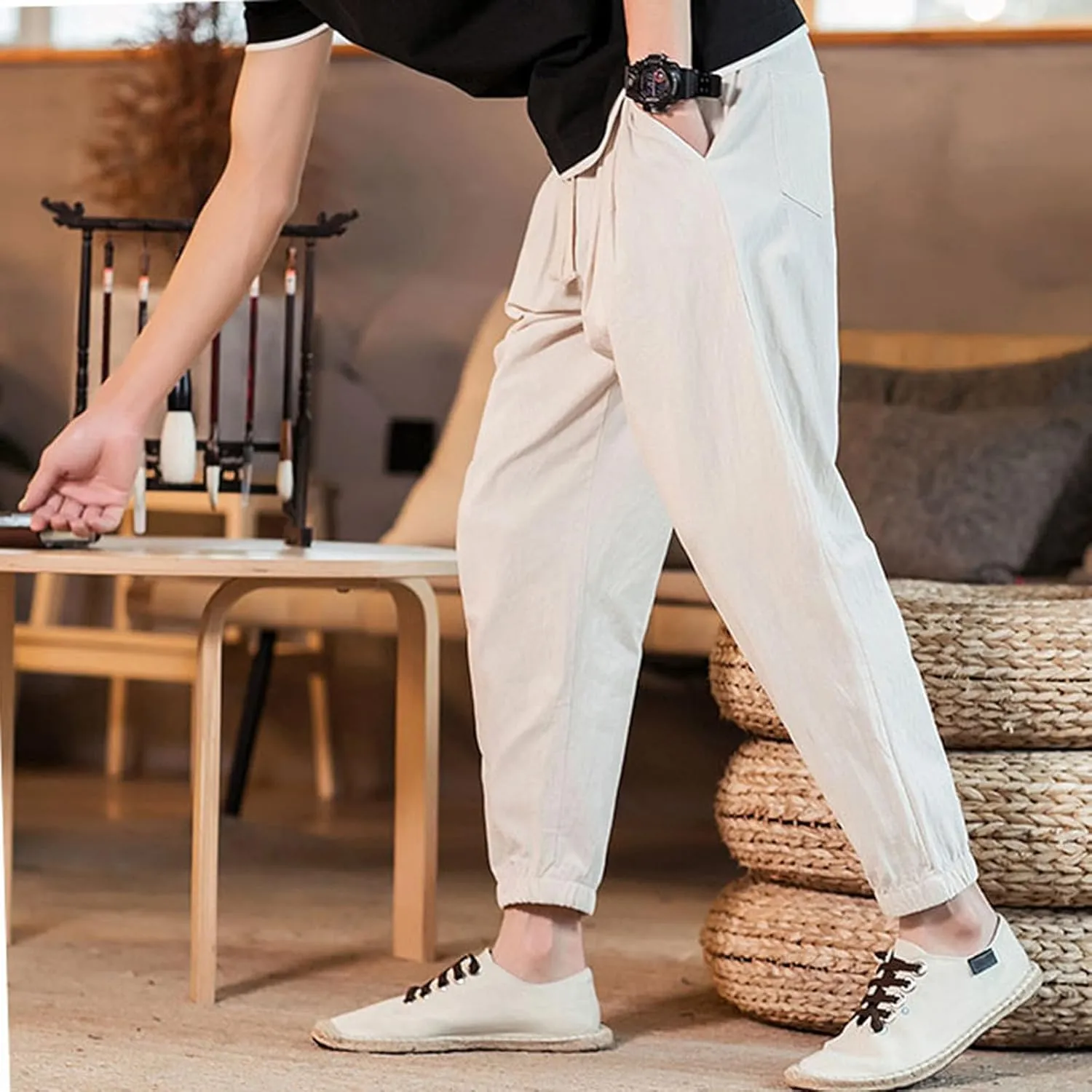 Mens Casual Cotton Linen Pants Loose Fit Elastic Waist Drawstring Beach Summer Yoga Trousers Bound Feet Solid Sweatpants