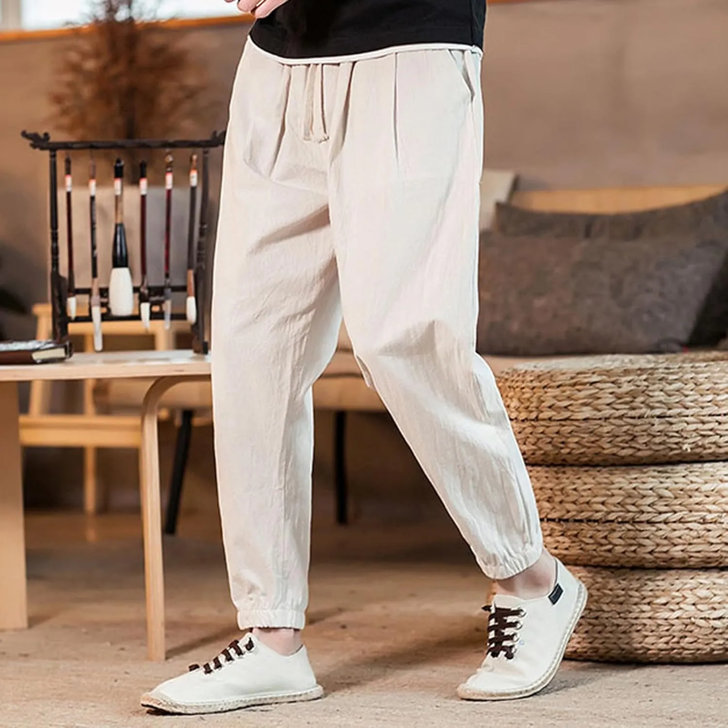 Mens Casual Cotton Linen Pants Loose Fit Elastic Waist Drawstring Beach Summer Yoga Trousers Bound Feet Solid Sweatpants