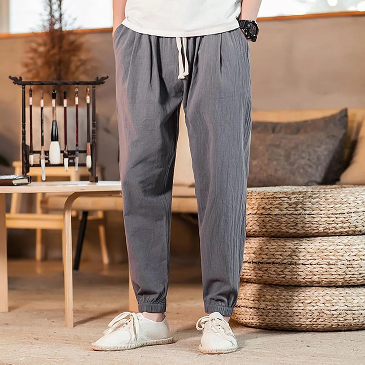 Mens Casual Cotton Linen Pants Loose Fit Elastic Waist Drawstring Beach Summer Yoga Trousers Bound Feet Solid Sweatpants