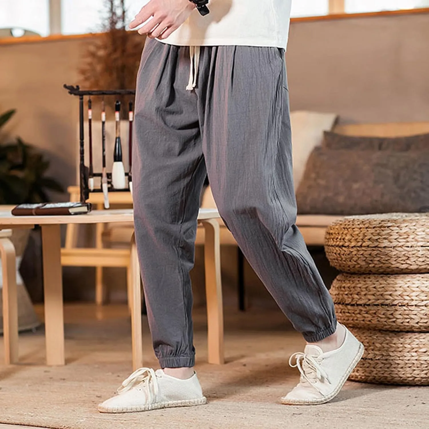 Mens Casual Cotton Linen Pants Loose Fit Elastic Waist Drawstring Beach Summer Yoga Trousers Bound Feet Solid Sweatpants