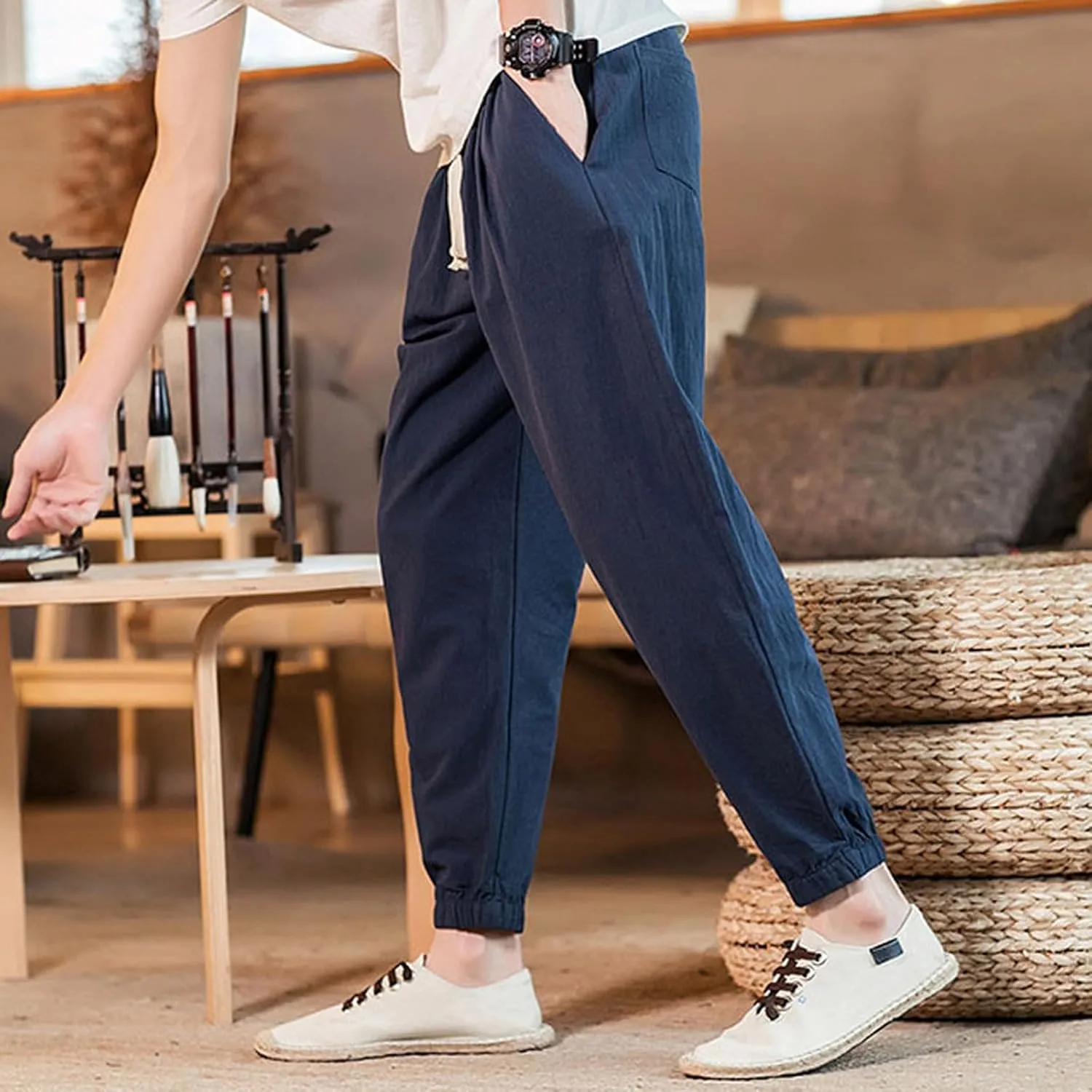 Mens Casual Cotton Linen Pants Loose Fit Elastic Waist Drawstring Beach Summer Yoga Trousers Bound Feet Solid Sweatpants