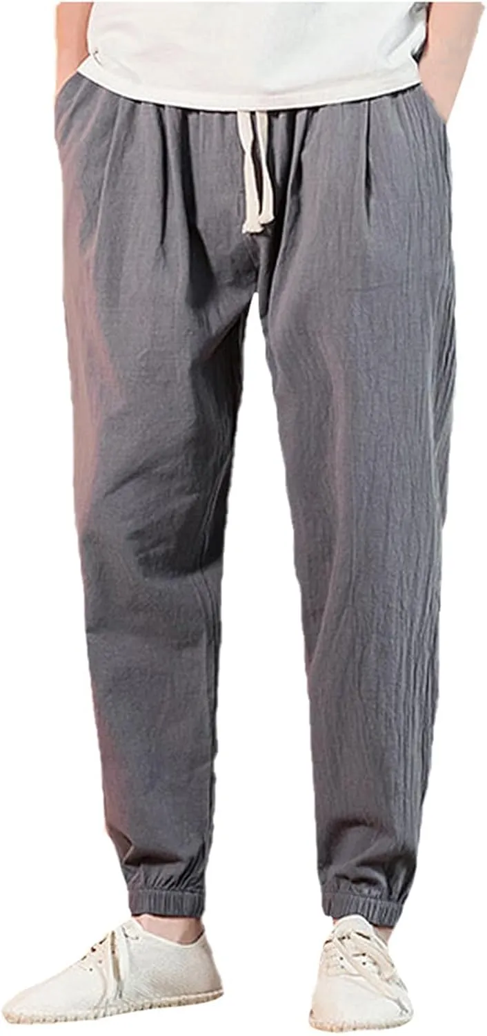 Mens Casual Cotton Linen Pants Loose Fit Elastic Waist Drawstring Beach Summer Yoga Trousers Bound Feet Solid Sweatpants