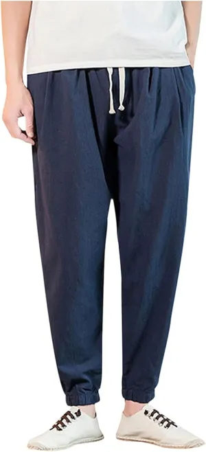 Mens Casual Cotton Linen Pants Loose Fit Elastic Waist Drawstring Beach Summer Yoga Trousers Bound Feet Solid Sweatpants