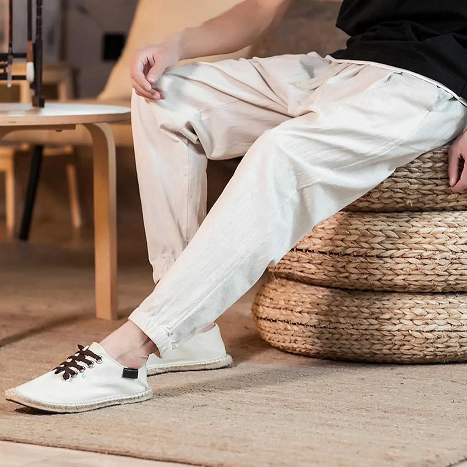 Mens Casual Cotton Linen Pants Loose Fit Elastic Waist Drawstring Beach Summer Yoga Trousers Bound Feet Solid Sweatpants