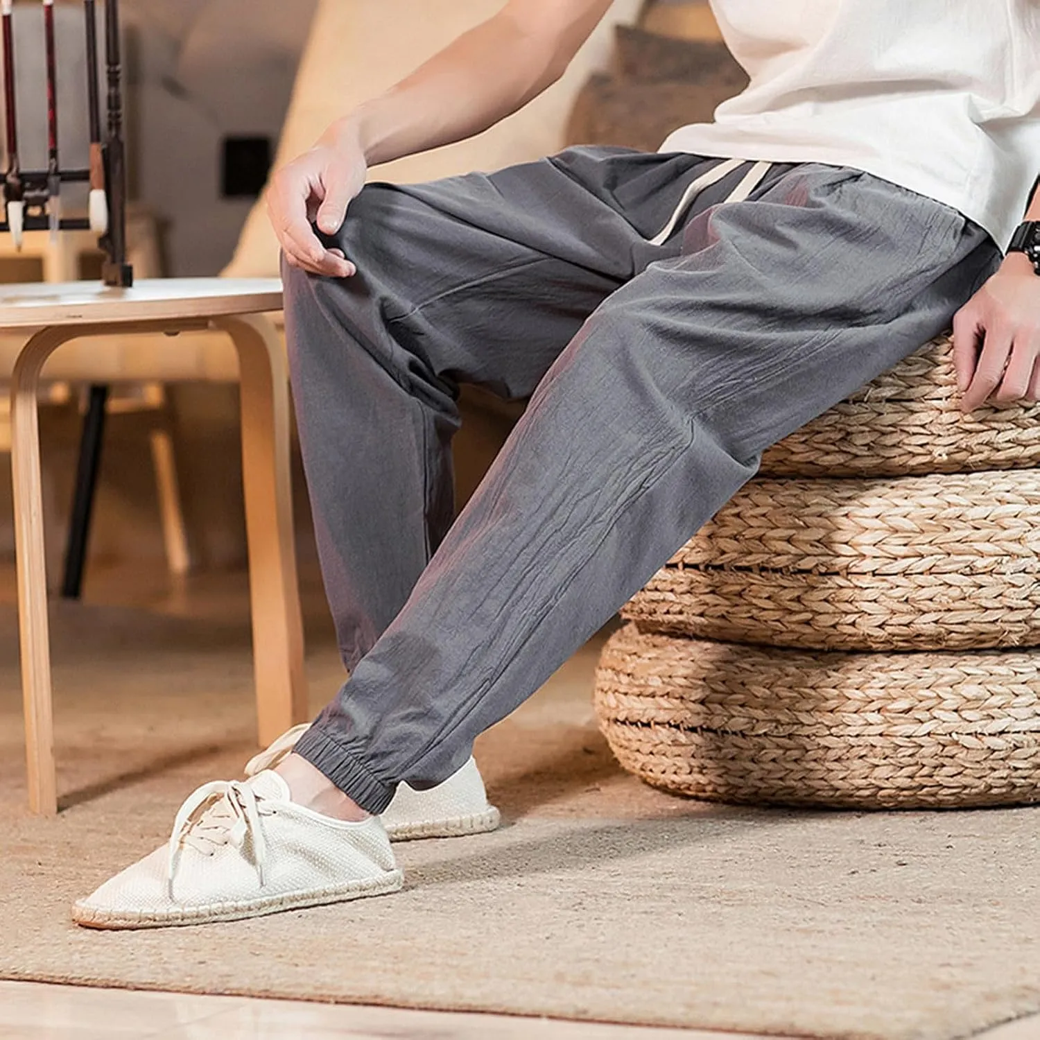 Mens Casual Cotton Linen Pants Loose Fit Elastic Waist Drawstring Beach Summer Yoga Trousers Bound Feet Solid Sweatpants