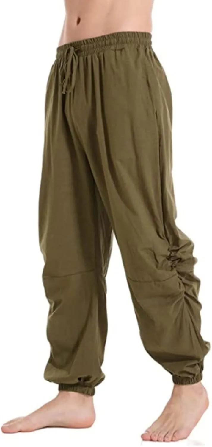 Mens Casual Cotton Linen Pants Loose Fit Elastic Waist Drawstring Wide Leg Harem Sweatpants Yoga Jogger Trousers