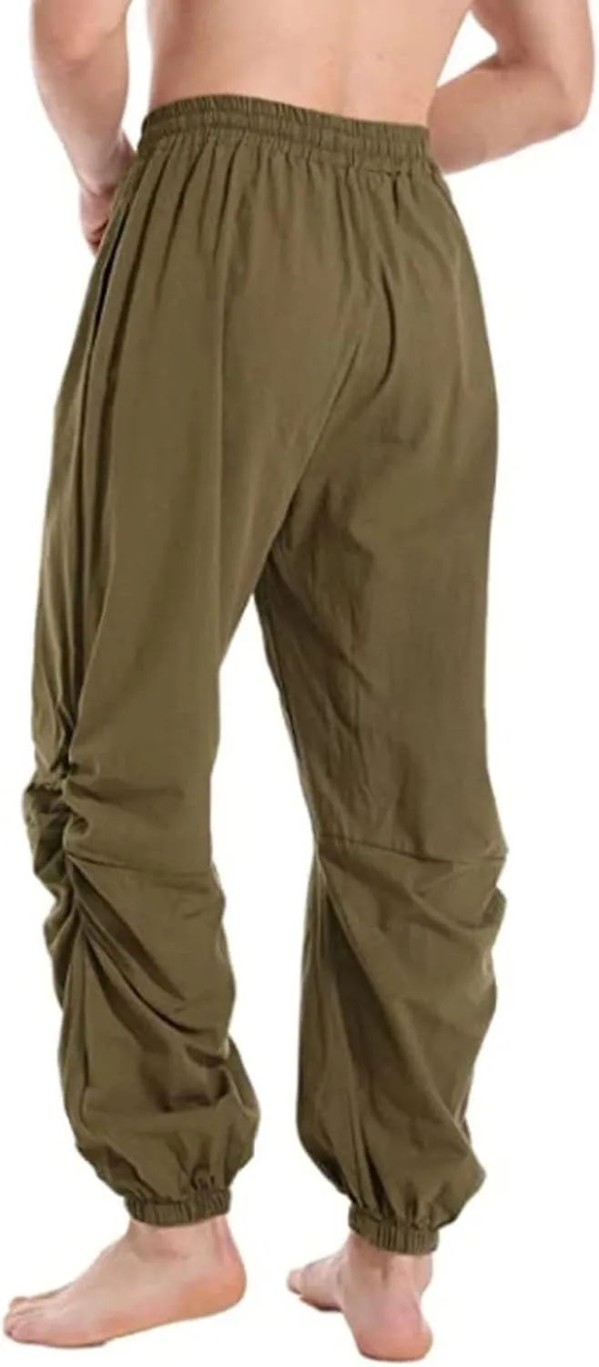 Mens Casual Cotton Linen Pants Loose Fit Elastic Waist Drawstring Wide Leg Harem Sweatpants Yoga Jogger Trousers