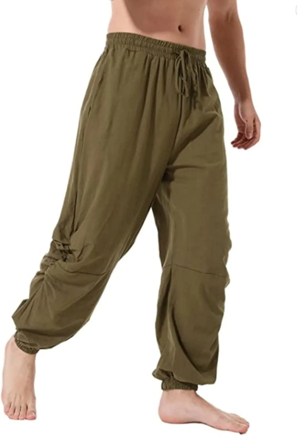 Mens Casual Cotton Linen Pants Loose Fit Elastic Waist Drawstring Wide Leg Harem Sweatpants Yoga Jogger Trousers