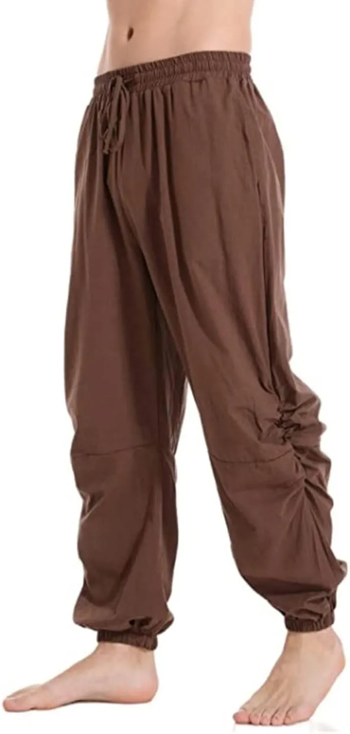 Mens Casual Cotton Linen Pants Loose Fit Elastic Waist Drawstring Wide Leg Harem Sweatpants Yoga Jogger Trousers