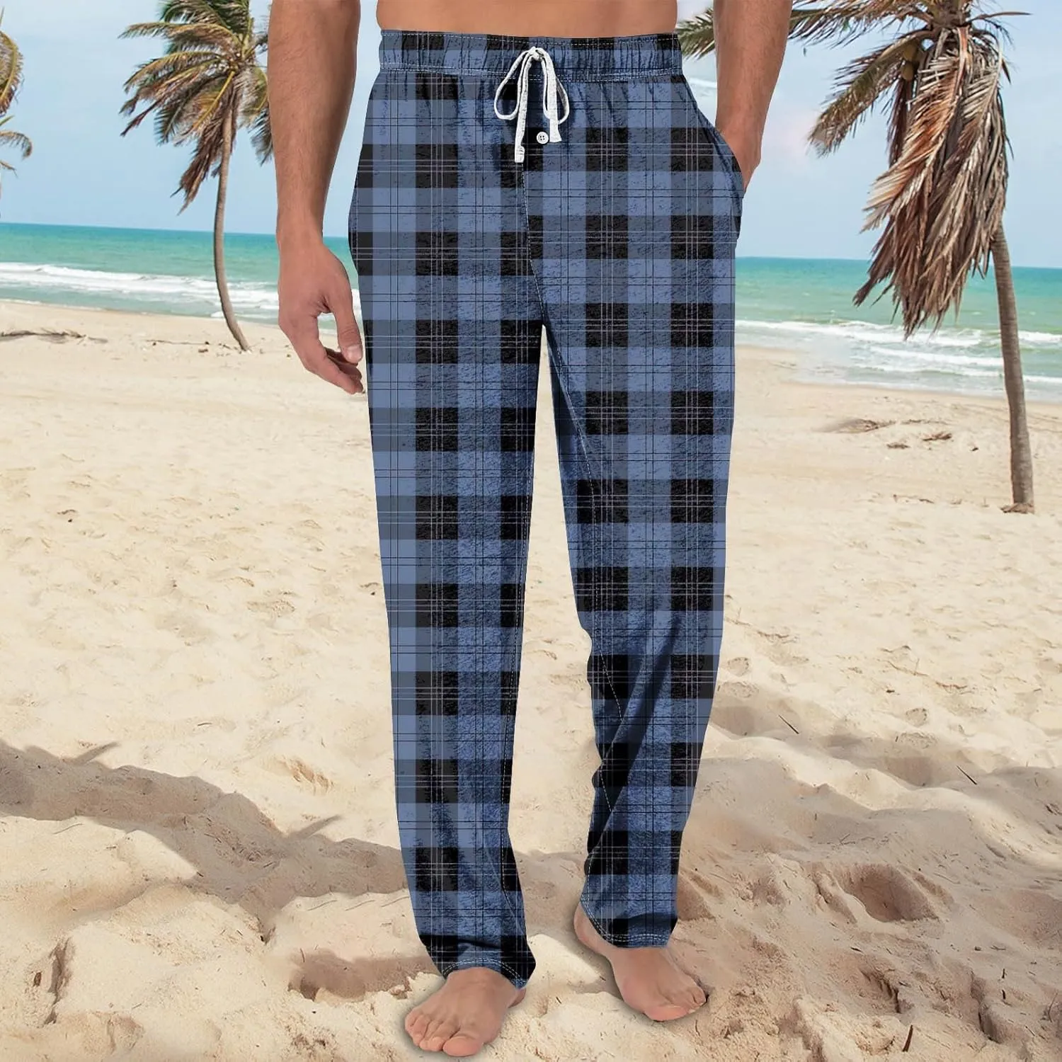 Men's Casual Drawstring Plaid Sweatpants Loose Yoga Jogger Pants Elastic Waist Lightweight Trendy Trouser with Pockets
