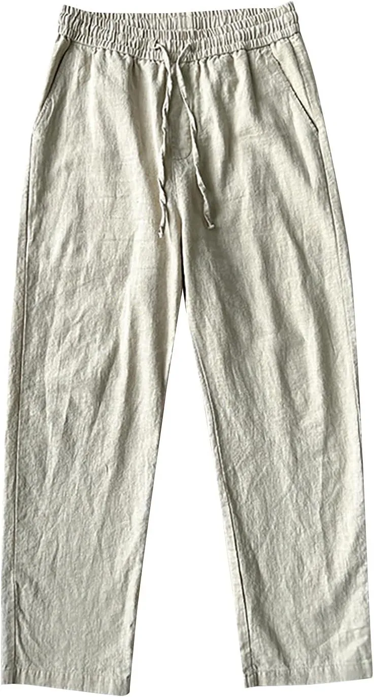 Mens Casual Linen Pants Loose Fit Straight Leg Elastic Waist Drawstring Trousers Summer Solid Beach Yoga Trouser