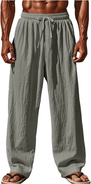 Mens Casual Wide Leg Pants Drawstring Elastic Waist Jogger Yoga Pants Summer Loose Fit Beach Trousers with Pockets