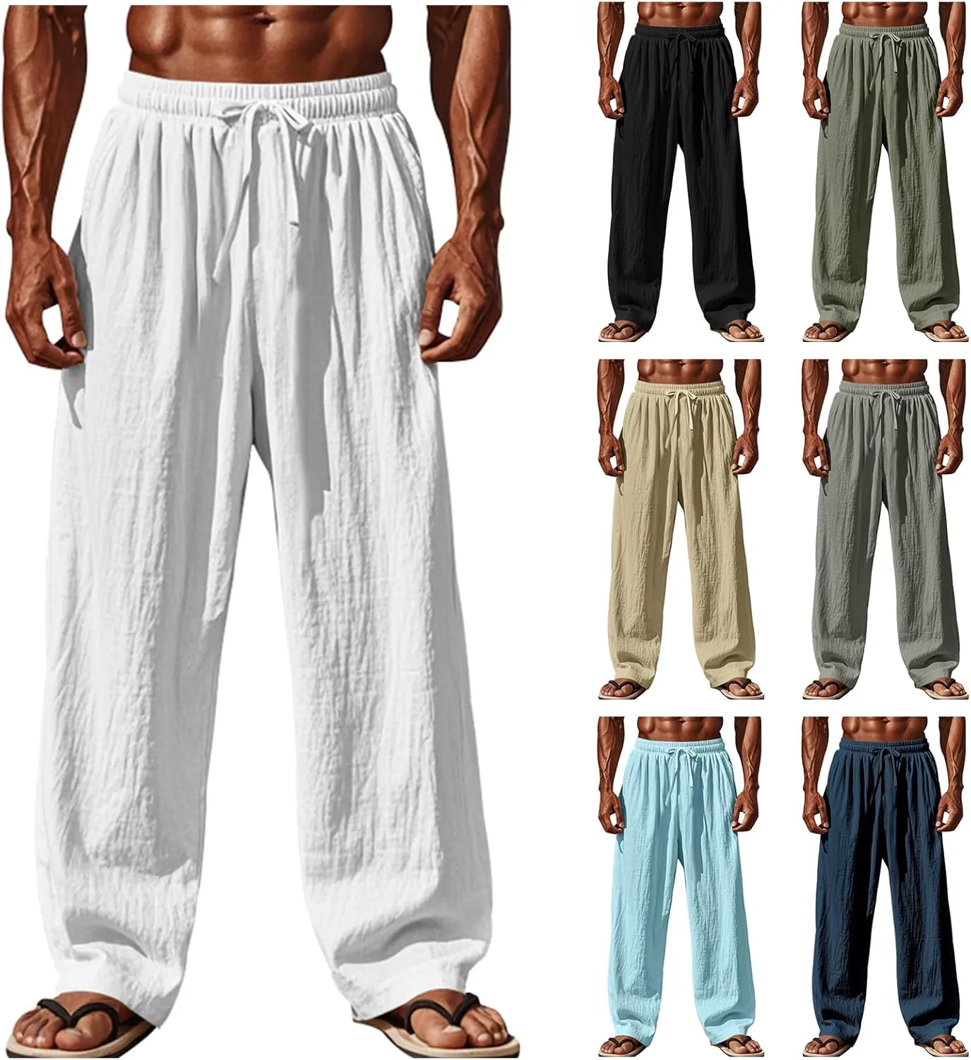 Mens Casual Wide Leg Pants Drawstring Elastic Waist Jogger Yoga Pants Summer Loose Fit Beach Trousers with Pockets