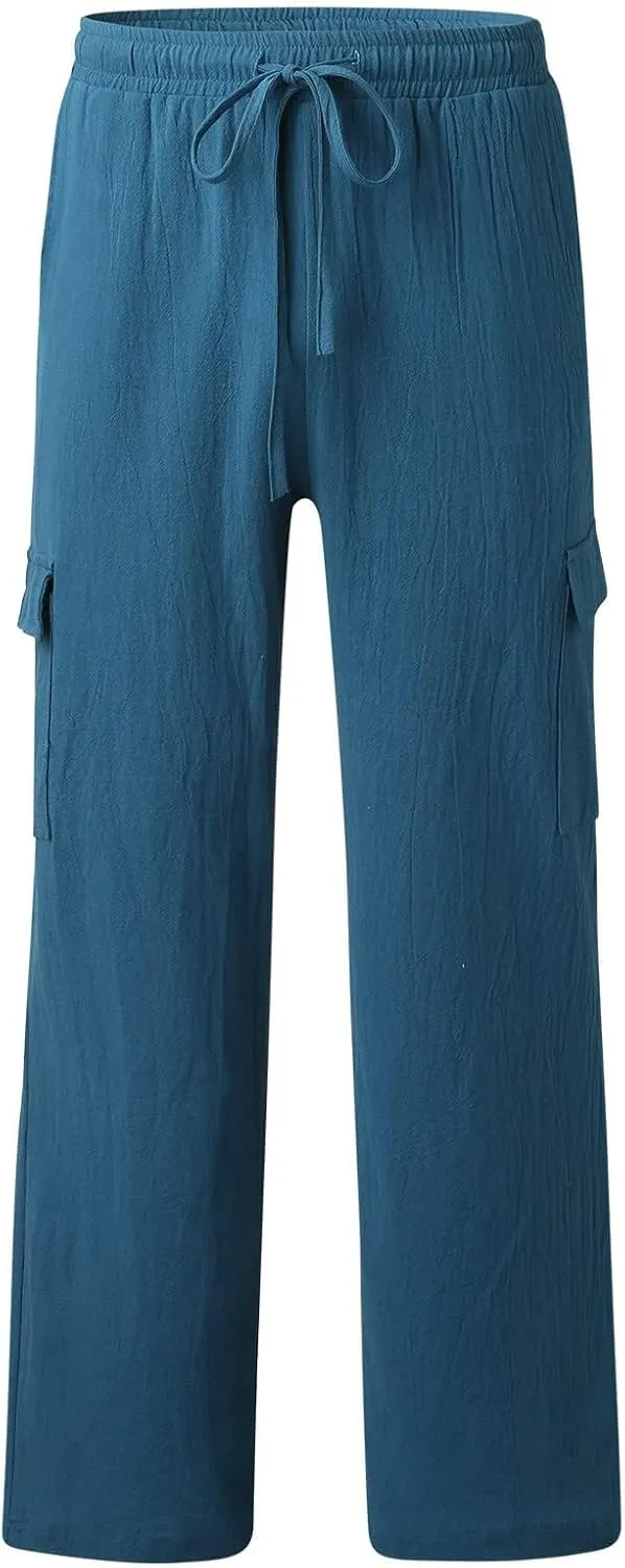 Mens Cotton Linen Cargo Pants Lightweight Elastic Waist Casual Sweatpants Drawstring Straight Loose Fit Trousers
