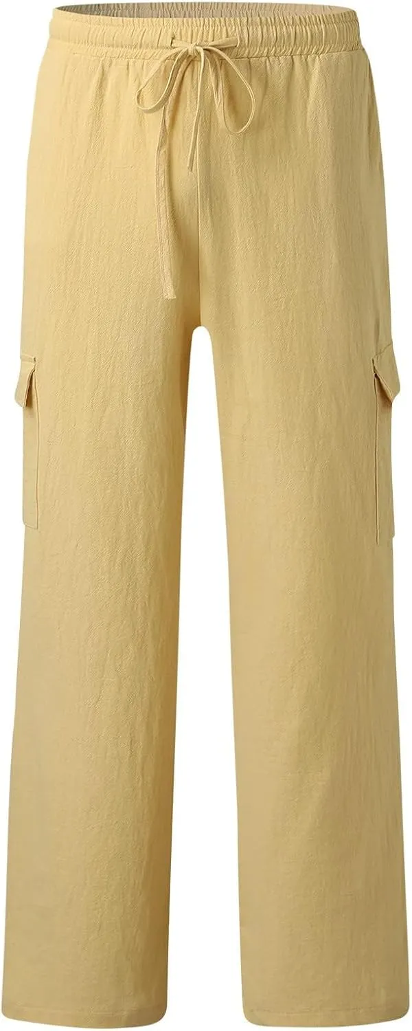 Mens Cotton Linen Cargo Pants Lightweight Elastic Waist Casual Sweatpants Drawstring Straight Loose Fit Trousers