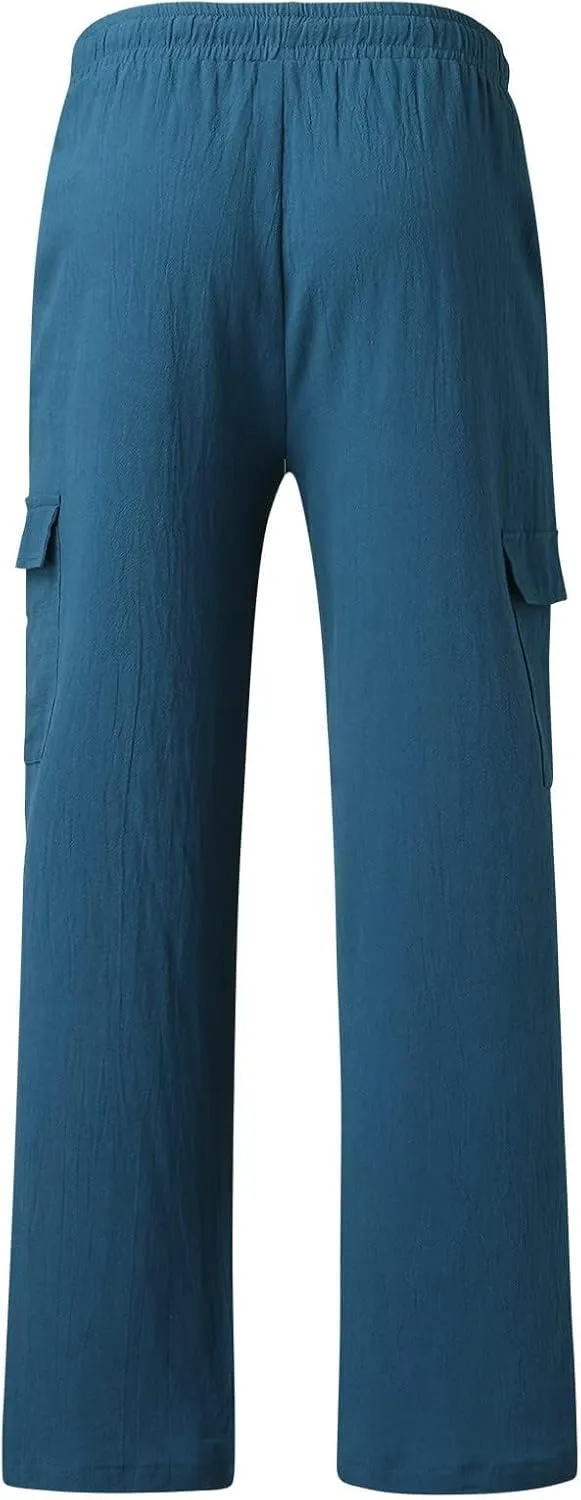Mens Cotton Linen Cargo Pants Lightweight Elastic Waist Casual Sweatpants Drawstring Straight Loose Fit Trousers