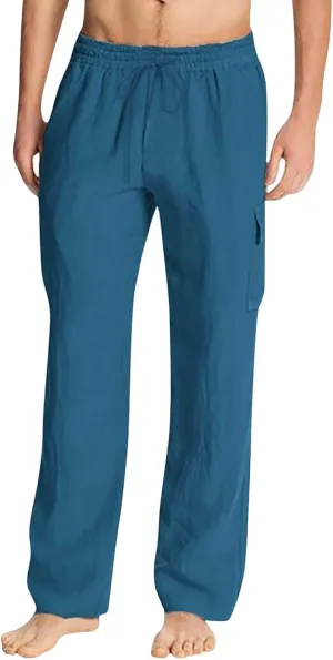 Mens Cotton Linen Cargo Pants Lightweight Elastic Waist Casual Sweatpants Drawstring Straight Loose Fit Trousers