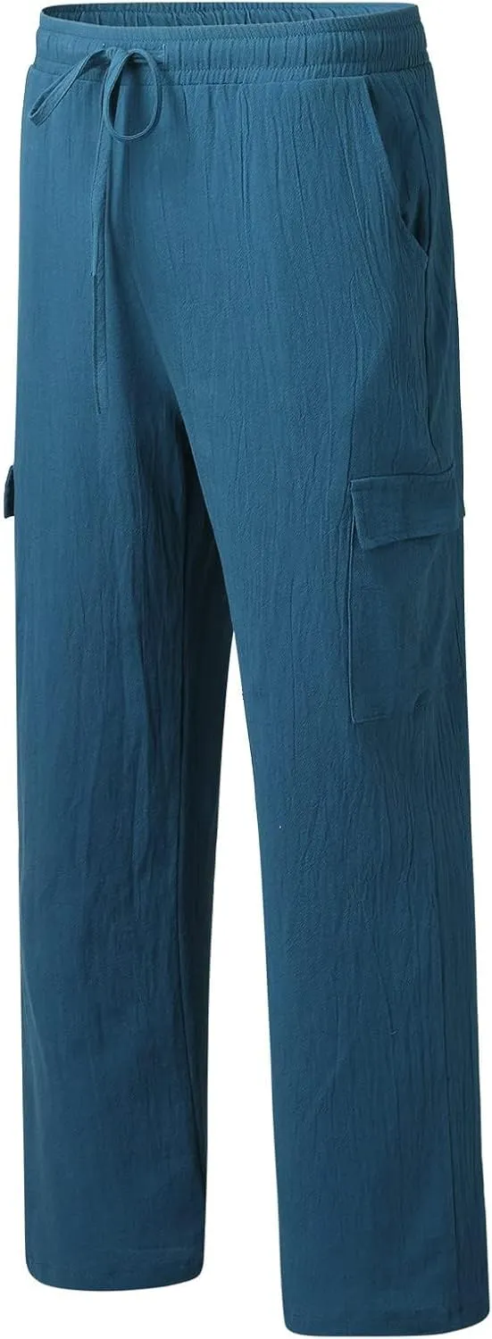Mens Cotton Linen Cargo Pants Lightweight Elastic Waist Casual Sweatpants Drawstring Straight Loose Fit Trousers