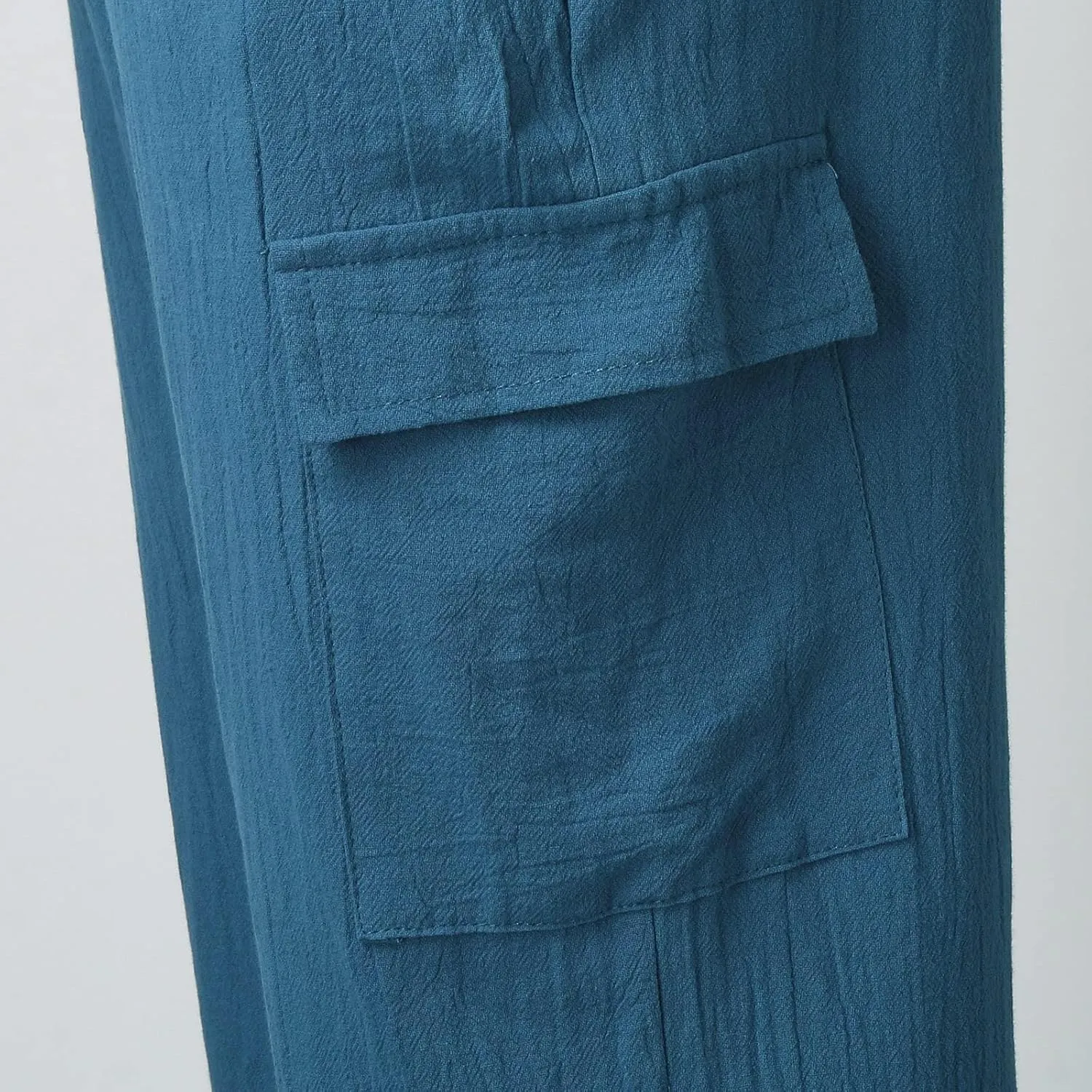 Mens Cotton Linen Cargo Pants Lightweight Elastic Waist Casual Sweatpants Drawstring Straight Loose Fit Trousers