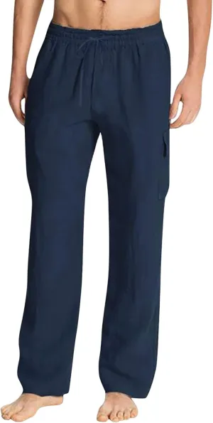 Mens Cotton Linen Cargo Pants Lightweight Elastic Waist Casual Sweatpants Drawstring Straight Loose Fit Trousers