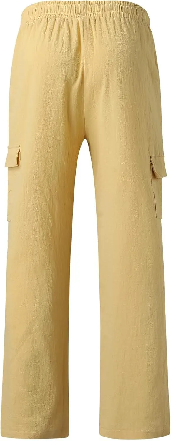 Mens Cotton Linen Cargo Pants Lightweight Elastic Waist Casual Sweatpants Drawstring Straight Loose Fit Trousers