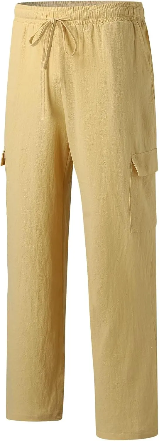 Mens Cotton Linen Cargo Pants Lightweight Elastic Waist Casual Sweatpants Drawstring Straight Loose Fit Trousers