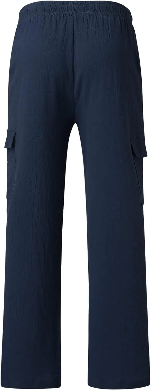 Mens Cotton Linen Cargo Pants Lightweight Elastic Waist Casual Sweatpants Drawstring Straight Loose Fit Trousers