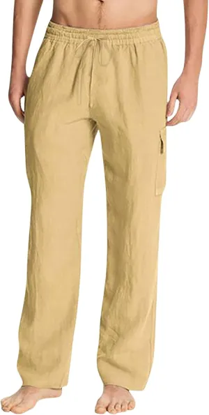 Mens Cotton Linen Cargo Pants Lightweight Elastic Waist Casual Sweatpants Drawstring Straight Loose Fit Trousers