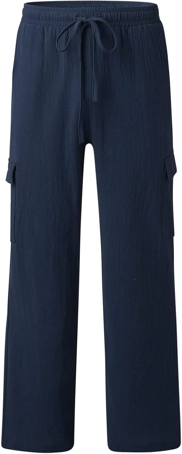 Mens Cotton Linen Cargo Pants Lightweight Elastic Waist Casual Sweatpants Drawstring Straight Loose Fit Trousers