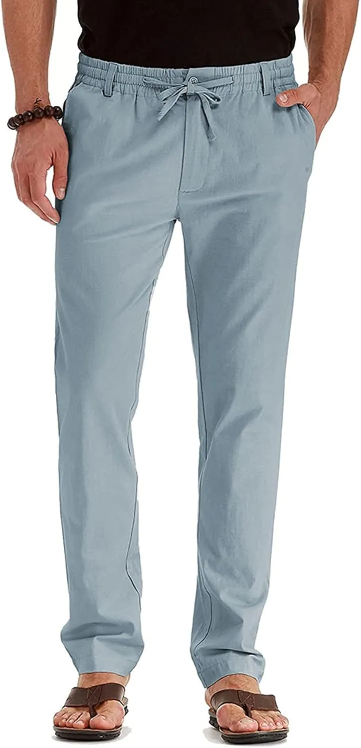 Men's Cotton Linen Pants Elastic Waist Drawstring Casual Trouser Lightweight Straight Leg Loose Fit Beach Trouser