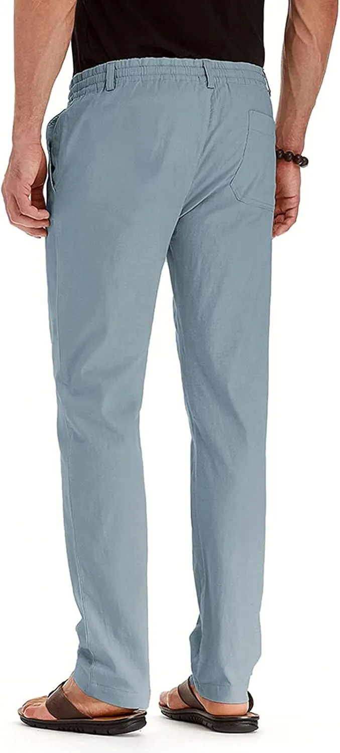 Men's Cotton Linen Pants Elastic Waist Drawstring Casual Trouser Lightweight Straight Leg Loose Fit Beach Trouser