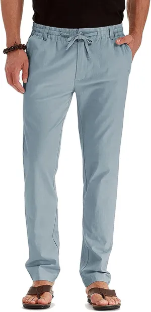 Men's Cotton Linen Pants Elastic Waist Drawstring Casual Trouser Lightweight Straight Leg Loose Fit Beach Trouser