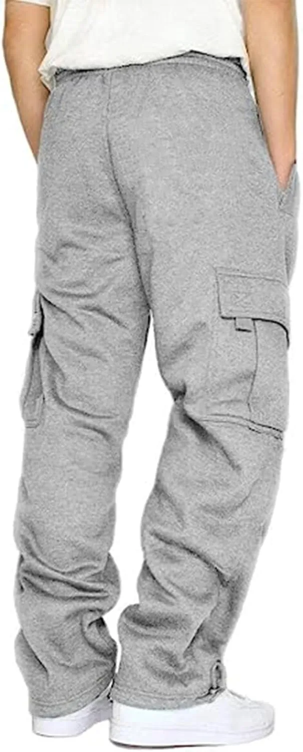 Mens Fleece Cargo Jogger Sweatpants for Adult Drawstring Loose Fit Joggers Sweat Pants with Pockets