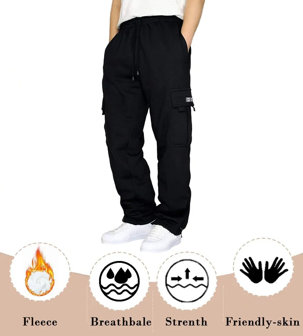 Mens Fleece Cargo Jogger Sweatpants for Adult Drawstring Loose Fit Joggers Sweat Pants with Pockets