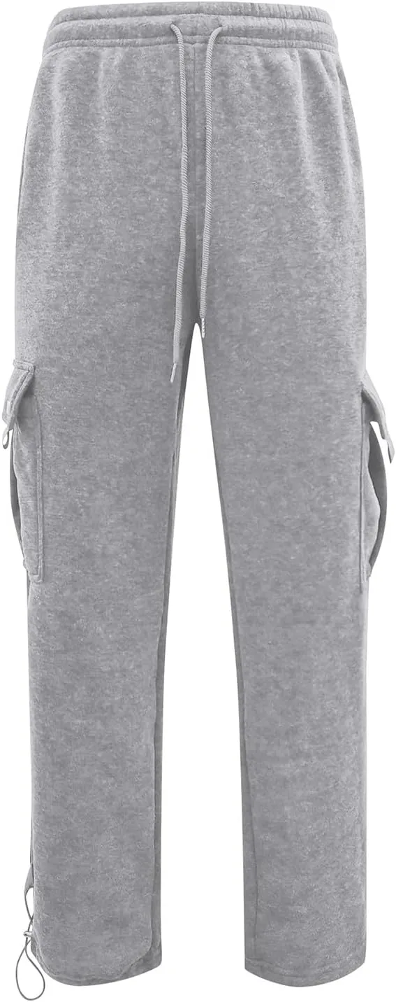 Mens Fleece Cargo Pants Casual Stretch Waist Realxed Fit Work Pants Baggy Straight Leg Hiking Sweatpants for Men