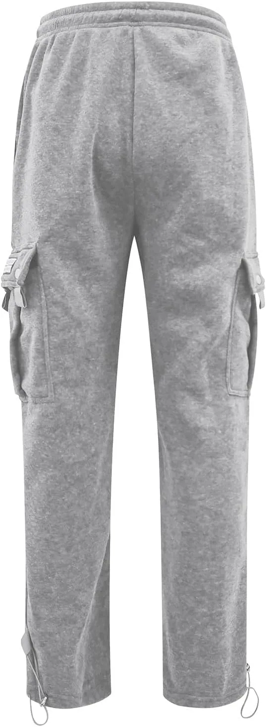 Mens Fleece Cargo Pants Casual Stretch Waist Realxed Fit Work Pants Baggy Straight Leg Hiking Sweatpants for Men