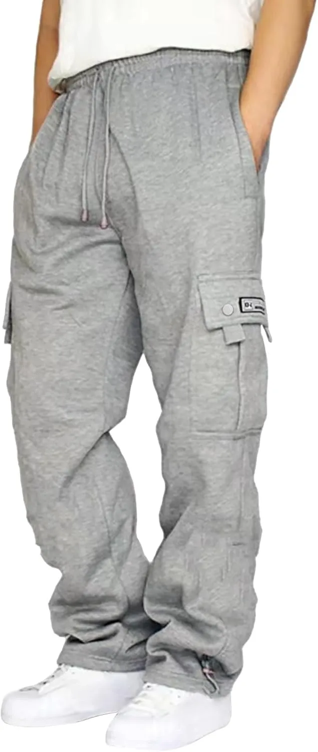 Mens Fleece Cargo Pants Casual Stretch Waist Realxed Fit Work Pants Baggy Straight Leg Hiking Sweatpants for Men