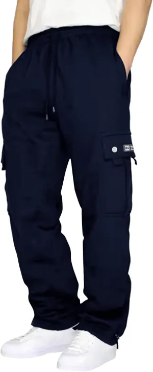 Mens Fleece Cargo Pants Casual Stretch Waist Realxed Fit Work Pants Baggy Straight Leg Hiking Sweatpants for Men