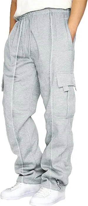 Mens Fleece Cargo Pants Elastic Waist Drawstring Sweatpants Stretch Plain Overalls Casual Loose Fit Athletic Trousers