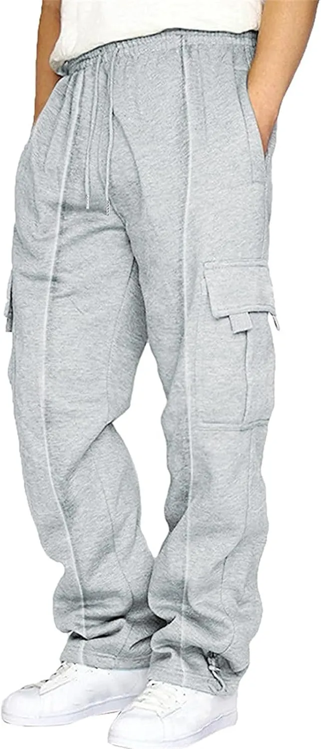 Mens Fleece Cargo Pants Elastic Waist Drawstring Sweatpants Stretch Plain Overalls Casual Loose Fit Athletic Trousers