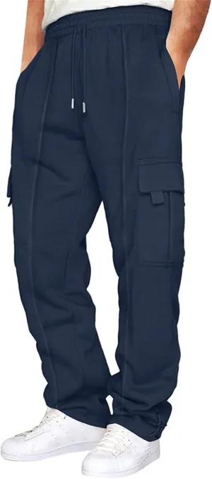 Mens Fleece Cargo Pants Elastic Waist Drawstring Sweatpants Stretch Plain Overalls Casual Loose Fit Athletic Trousers